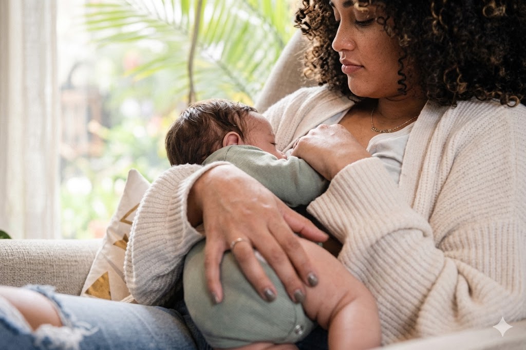 Mother resting with newborn in a warmly lit autumn bedroom