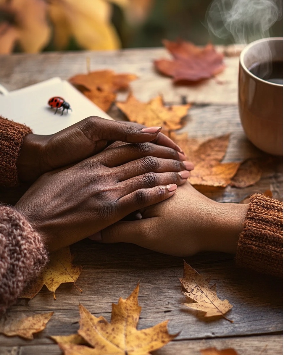 Two hands meeting across a table in warm autumn light